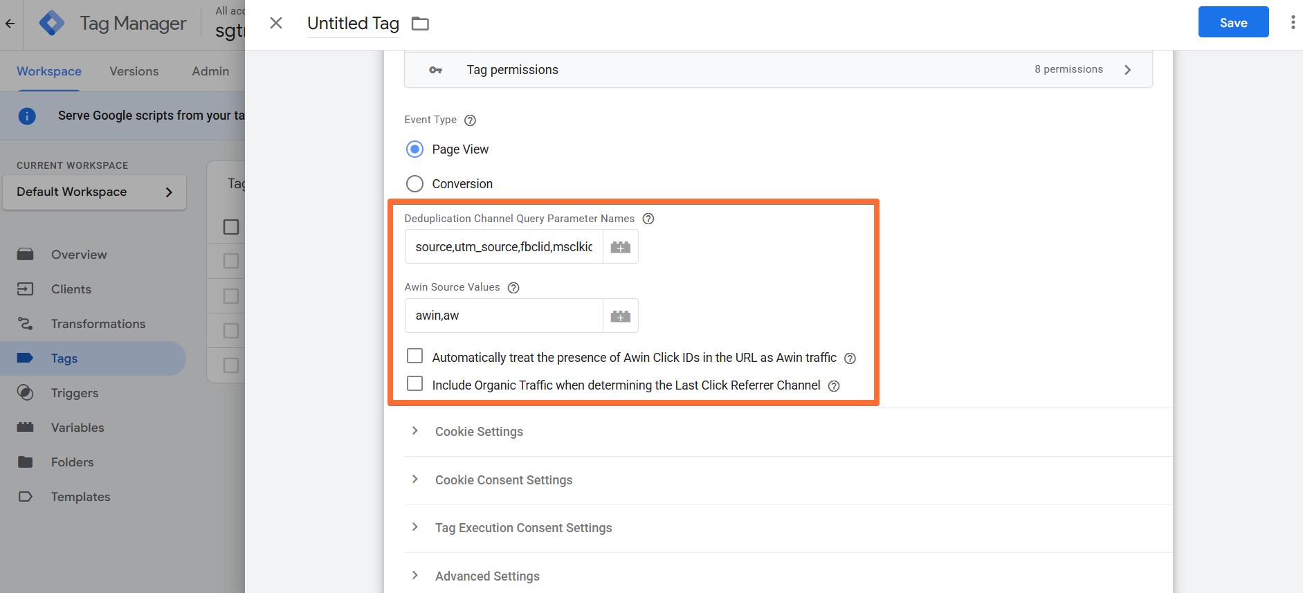 Required settings for the Page View event type