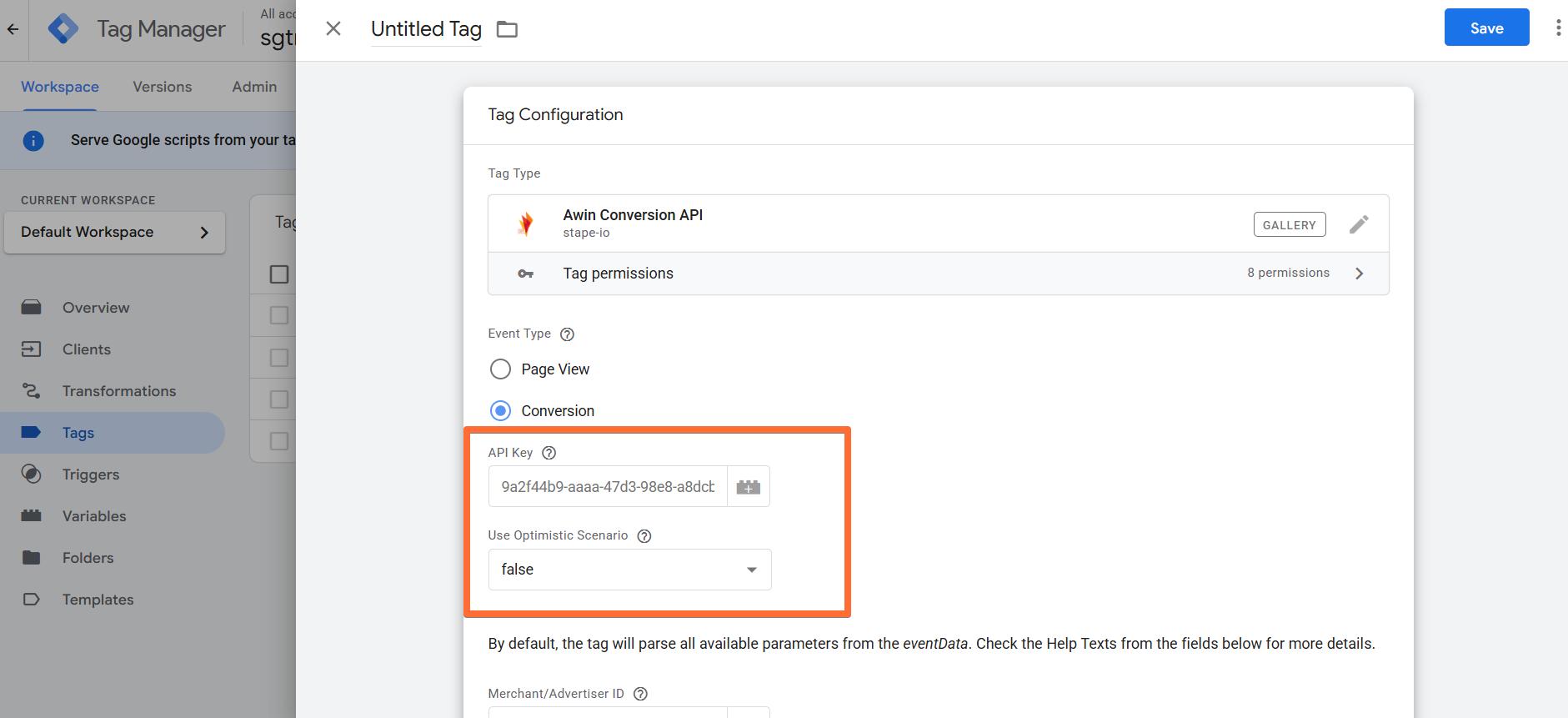 Basic settings for the Conversion event type