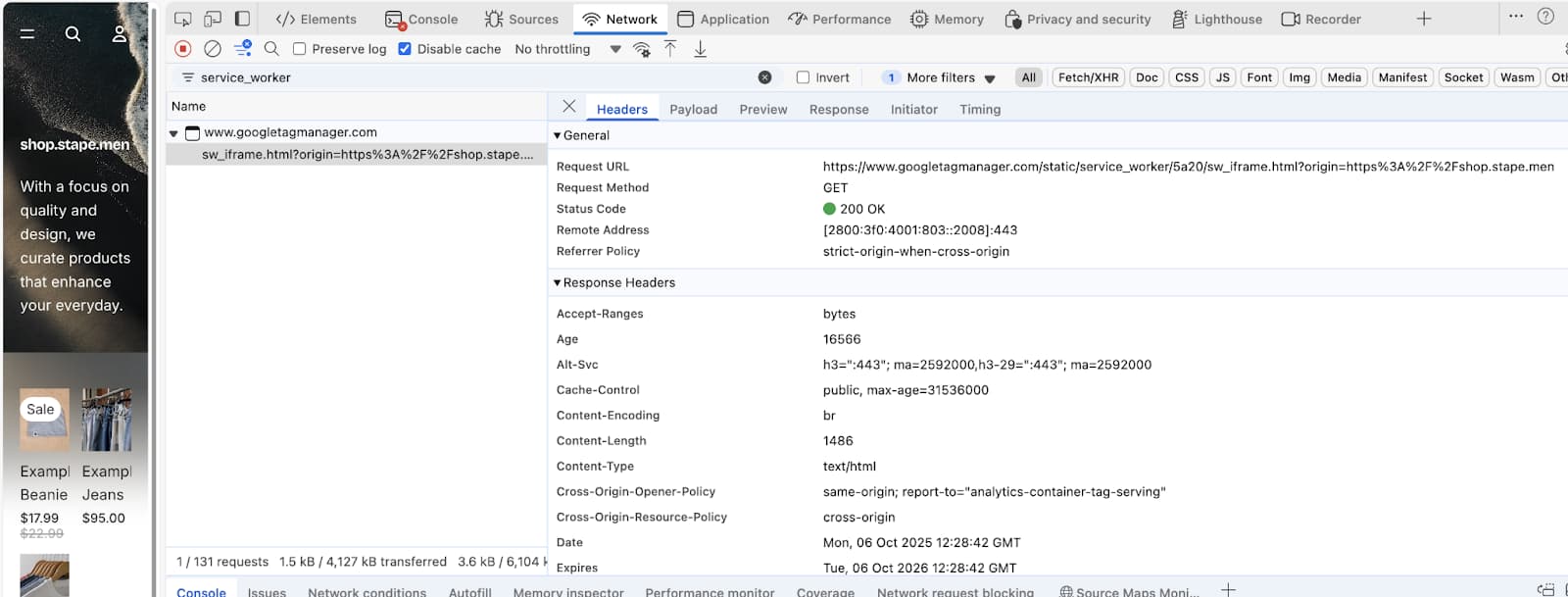 Service Worker depuis le domaine googletagmanager.com dans l’onglet Network de DevTools