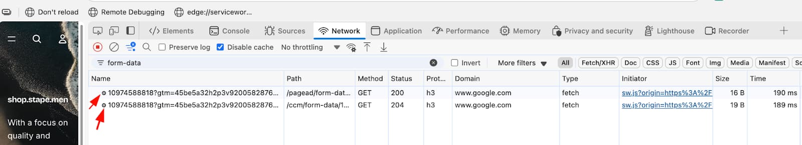 Icônes d’engrenage dans l’onglet Network de DevTools