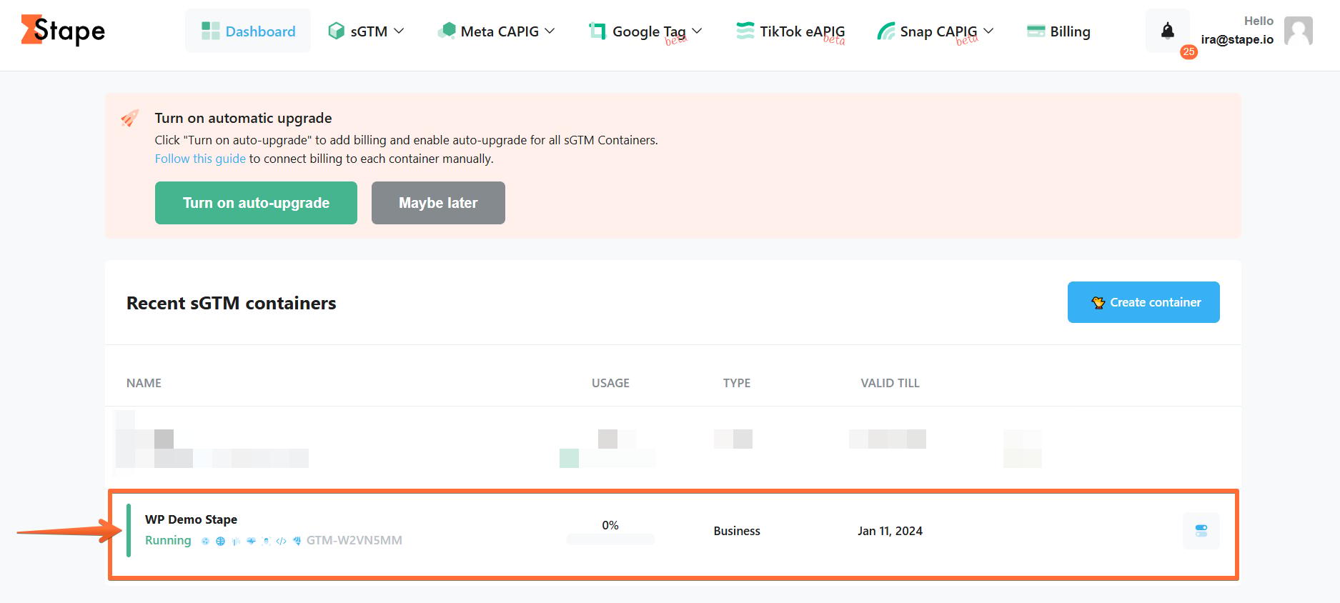 Sélectionnez votre conteneur sGTM
