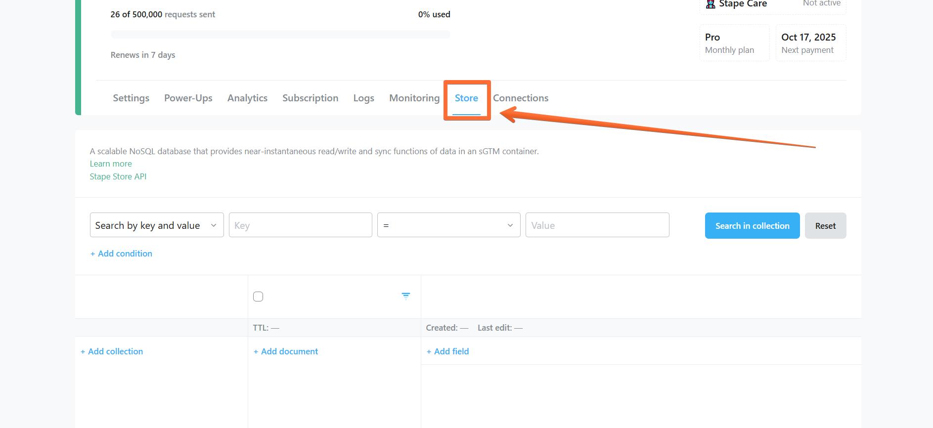 "Store" tab in Stape account