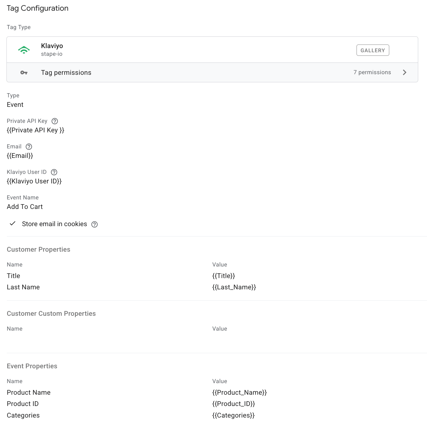 Klaviyo tag configuration example