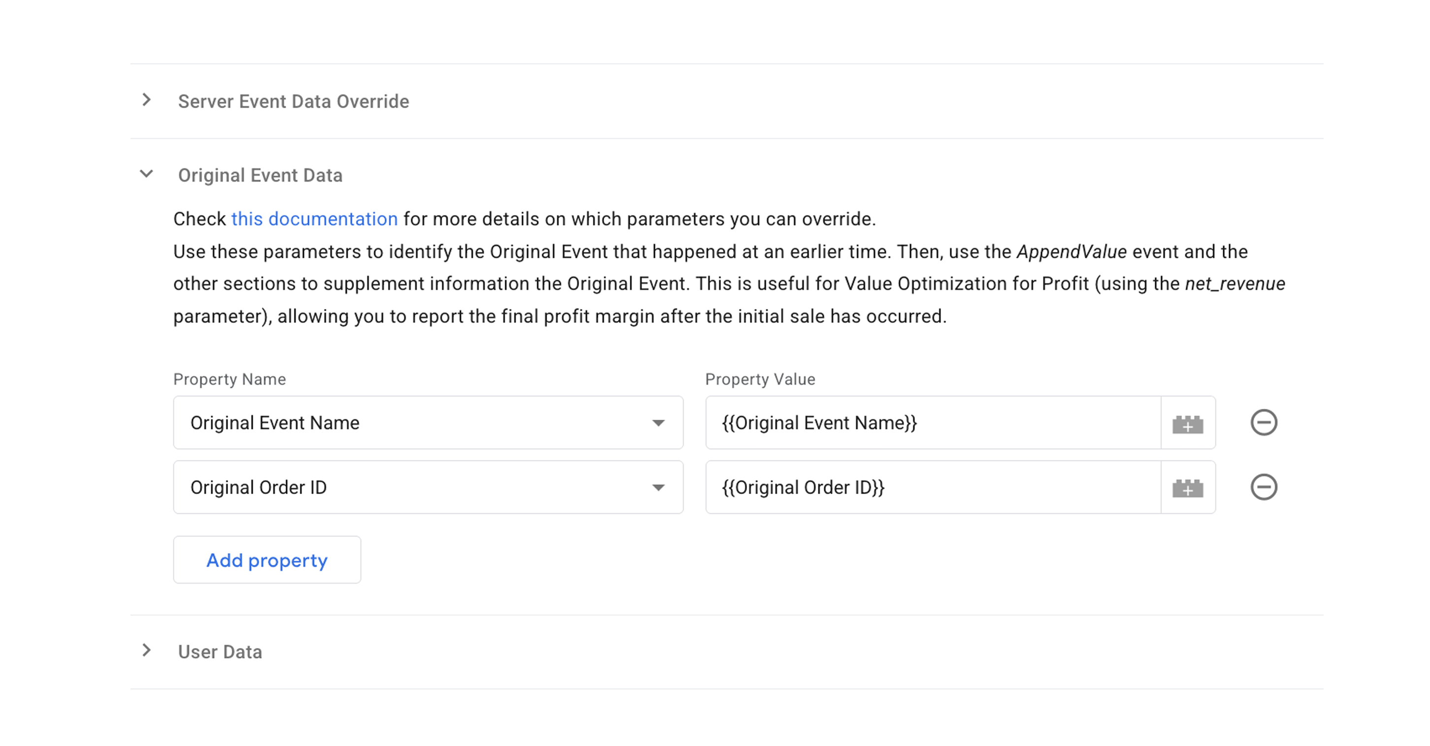 Original Event section configuration in Facebook CAPI tag