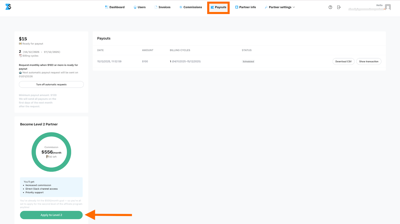 Widget dans la section Payouts.