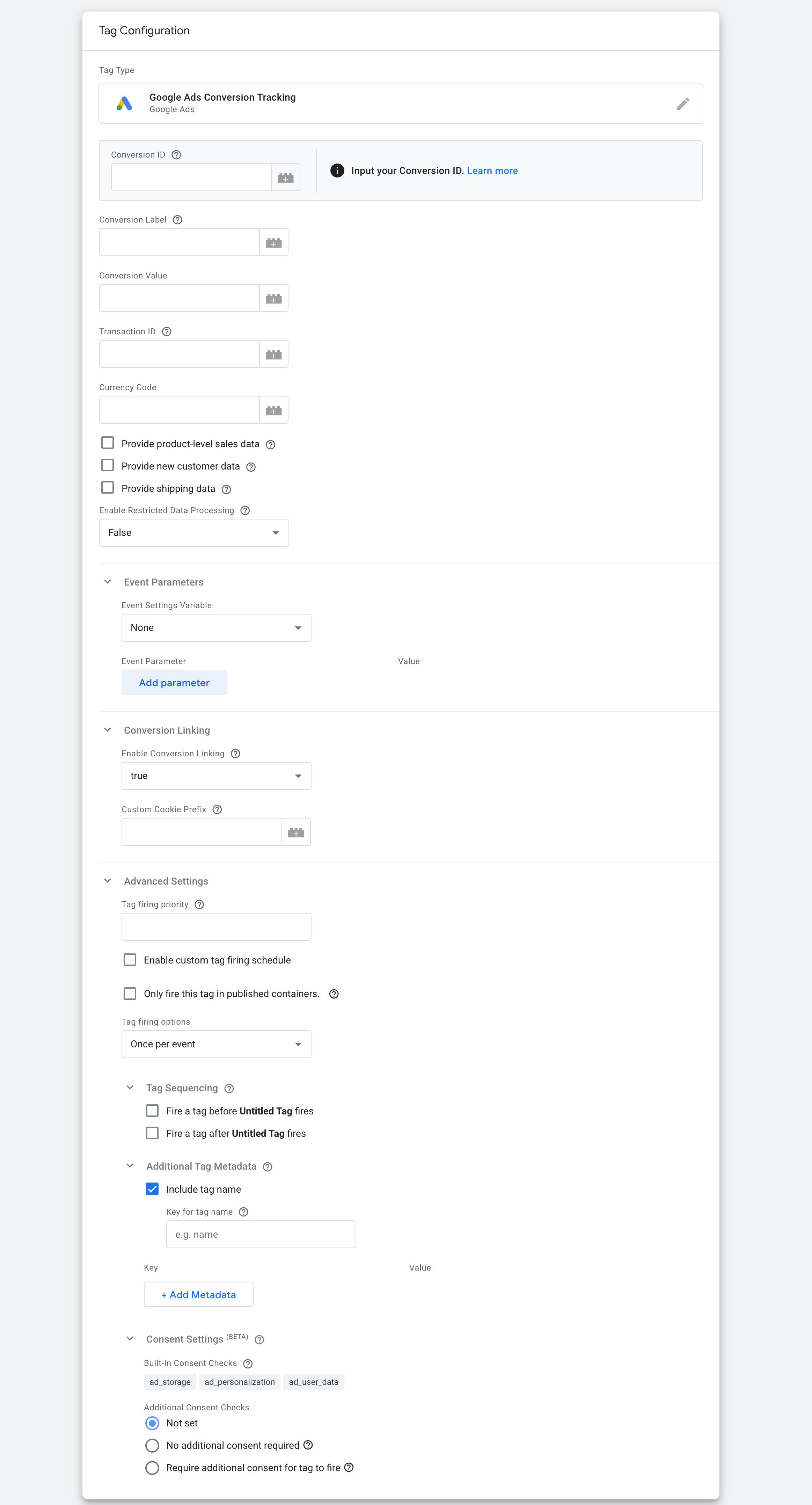 Google Ads Conversion Tracking tag form to fill out