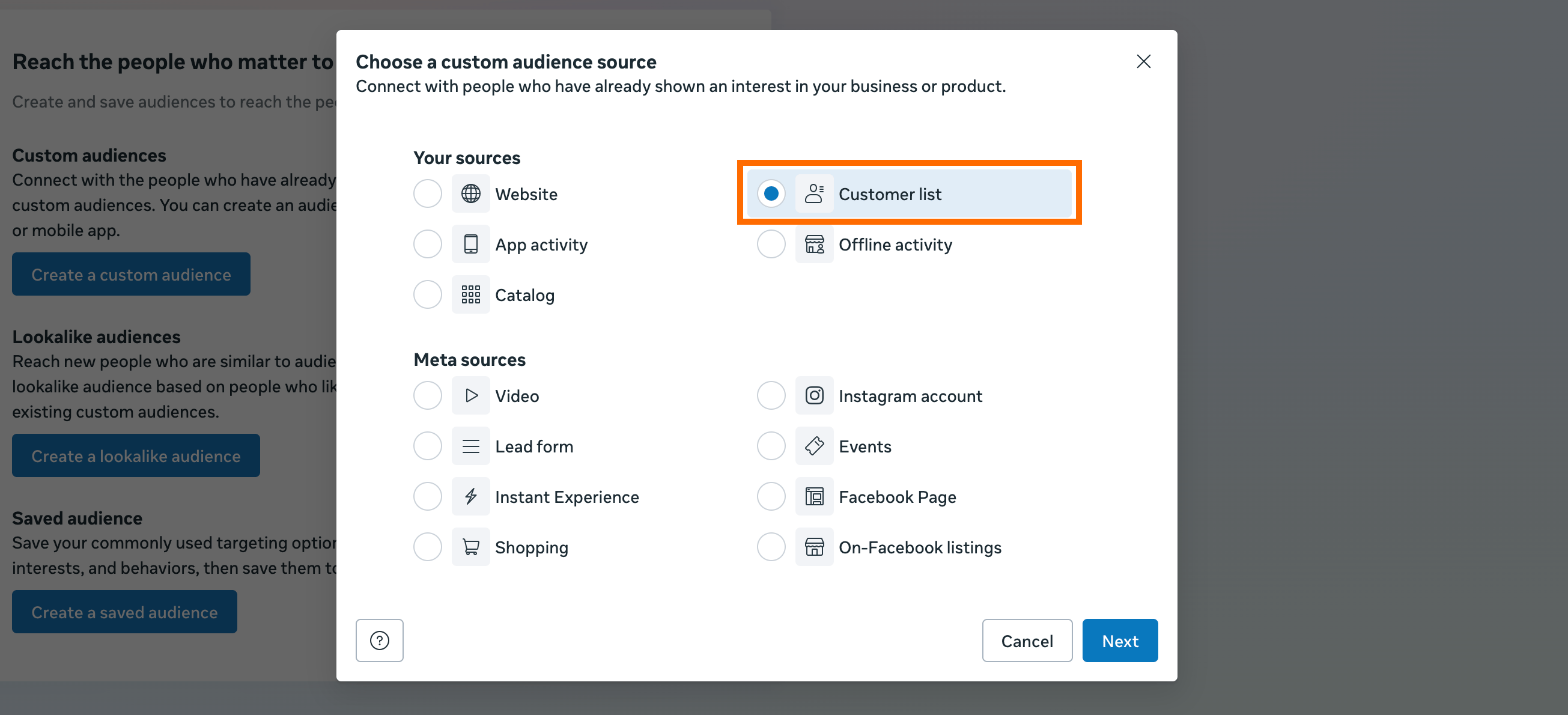 Customer List in Meta
