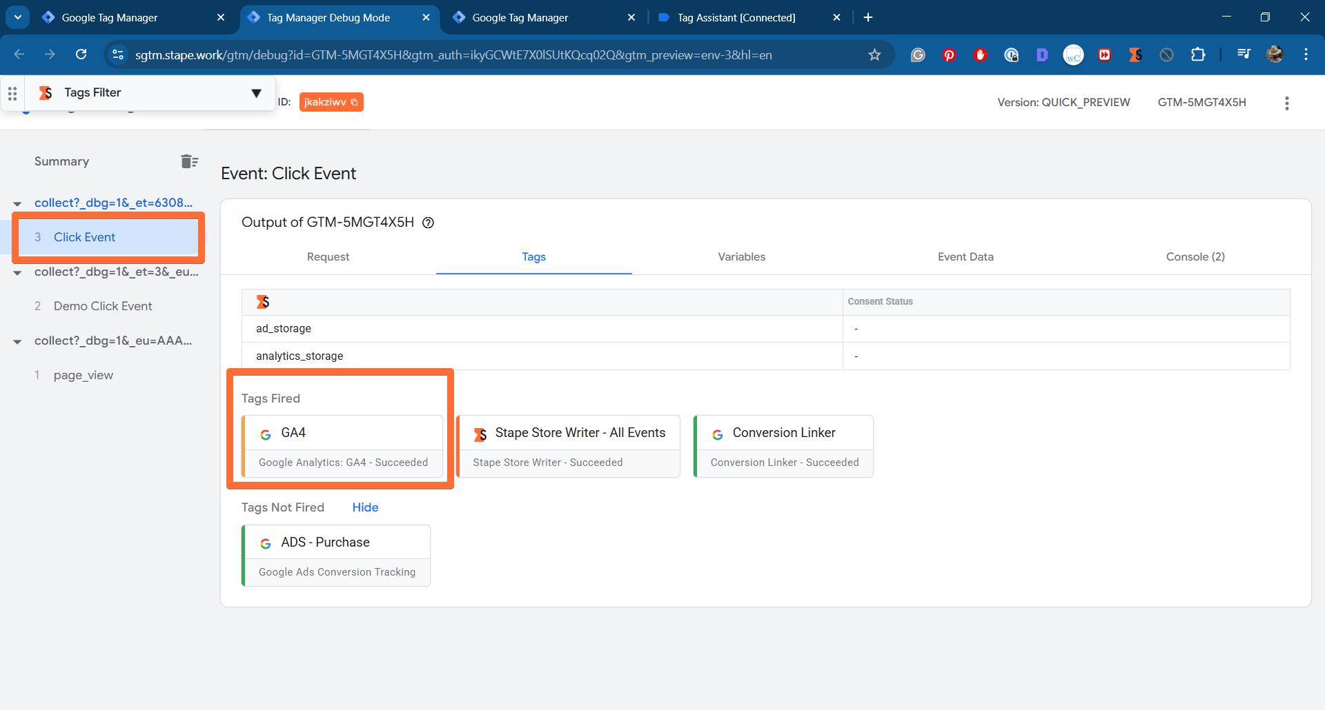 Tags Fired section in server GTM preview