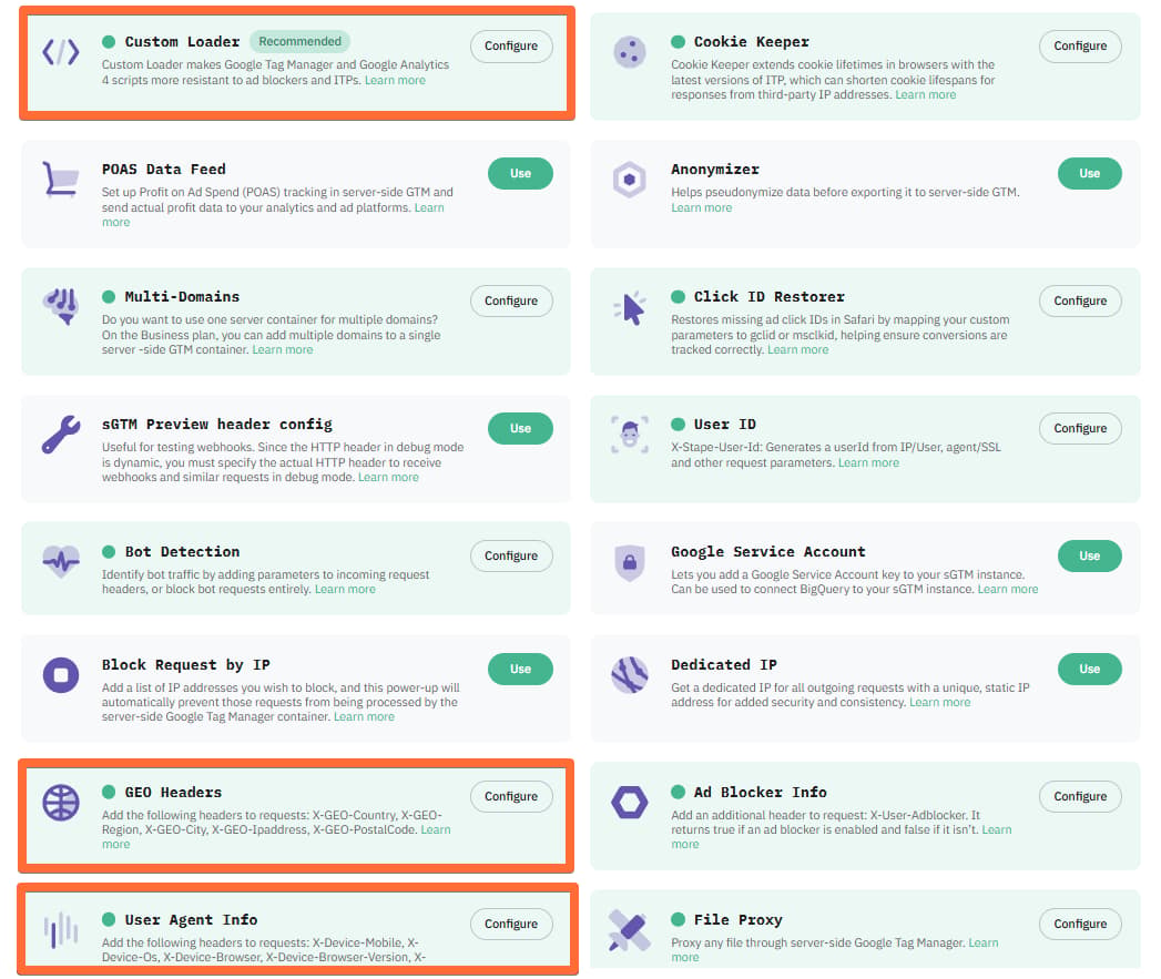 Custom Loader, User Agent Info, and GEO Headers power-ups from Stape