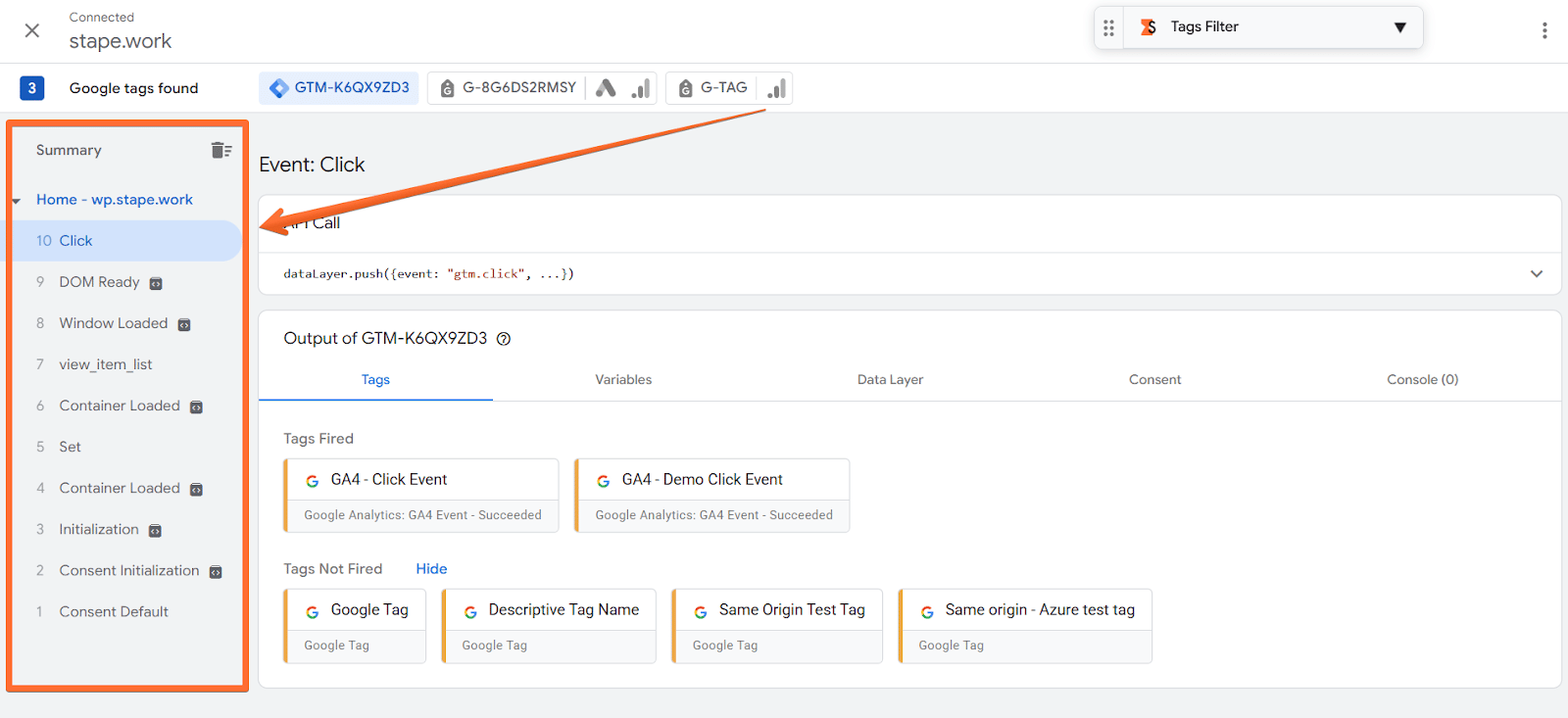 The chronological sequence of events detected on the page.