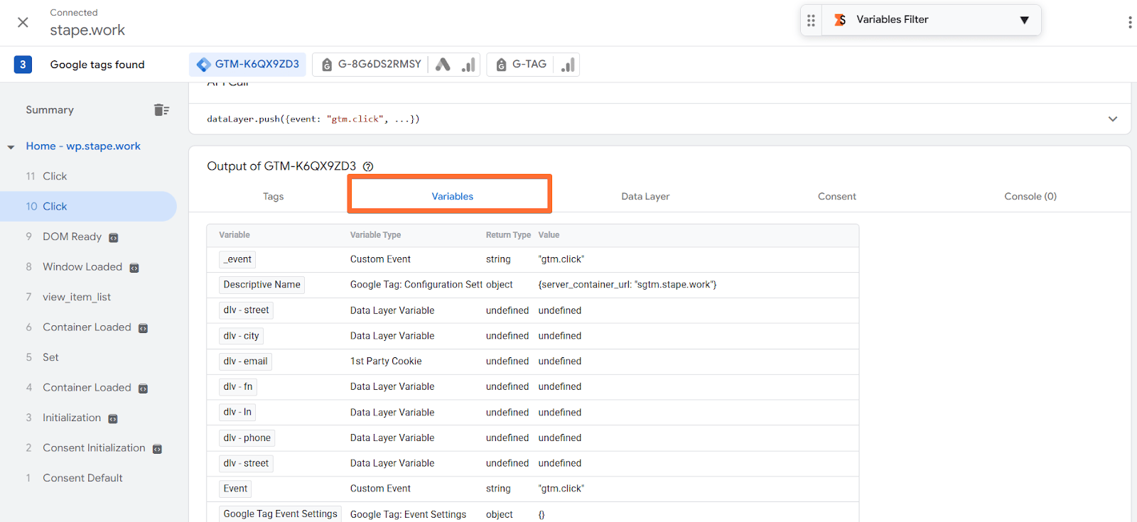 Variables tab