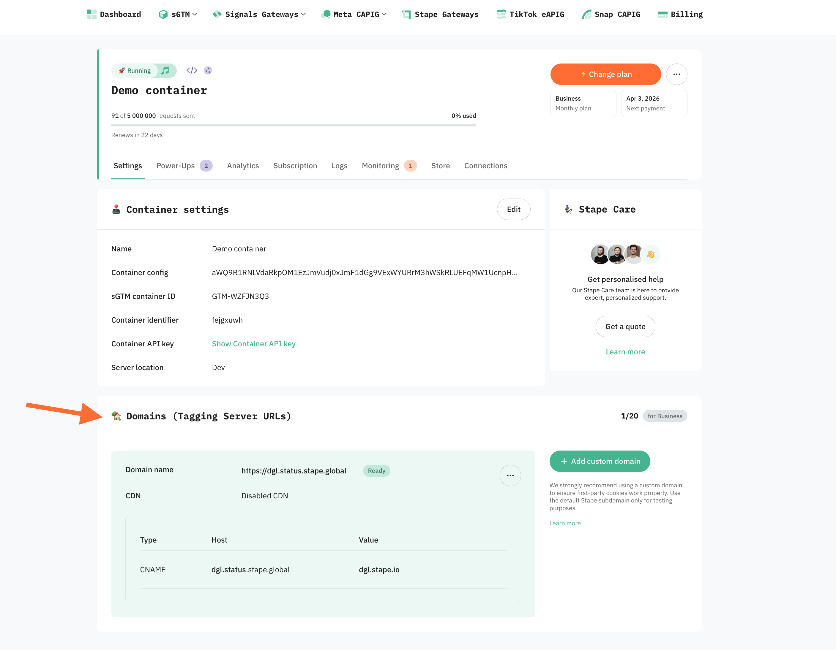 Custom domain options for sGTM
