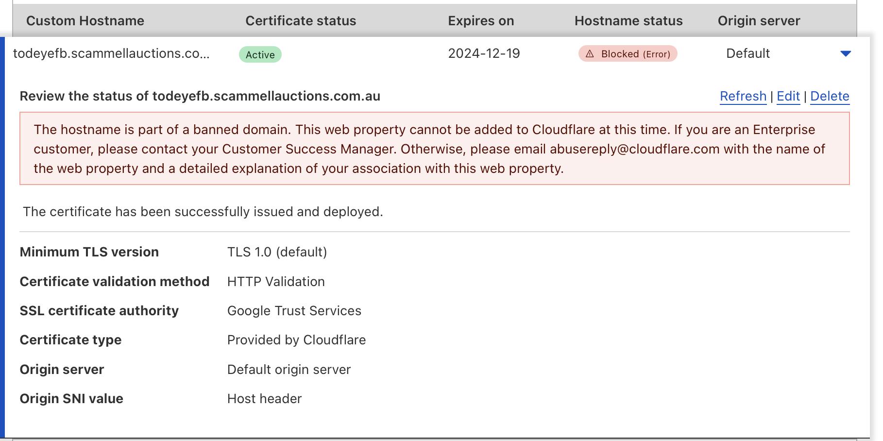 Banned domain on Cloudflare