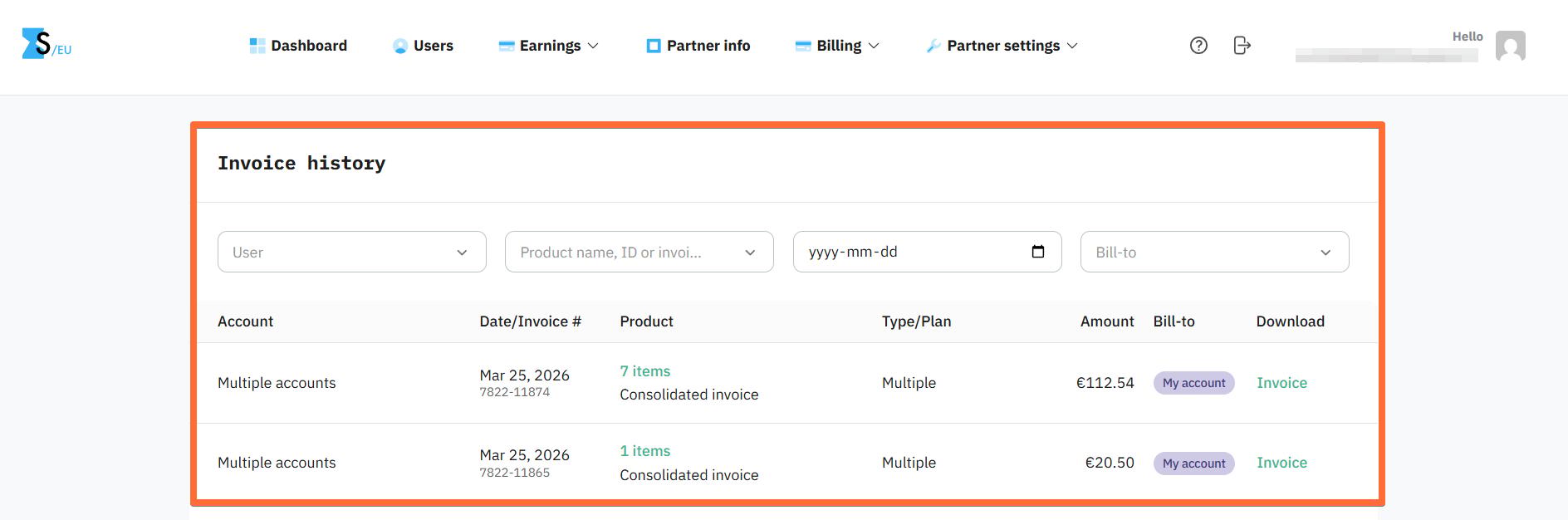 Agency/Partner invoice history