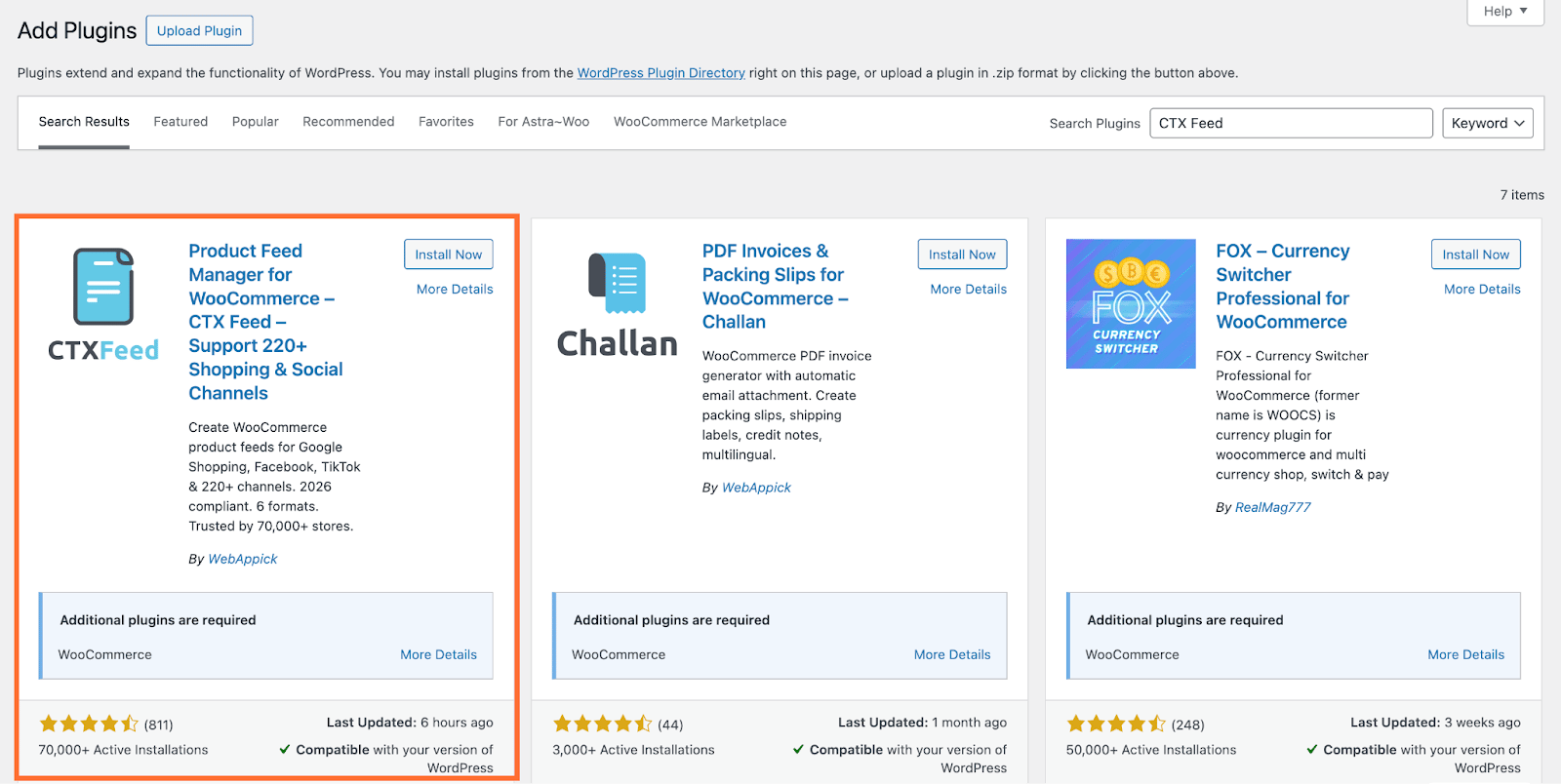 Go to Plugins and click Add Plugin. Search for CTX Feed, install and activate it