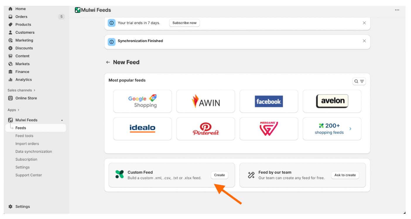 Click Create in the Custom Feed section. Select CSV as the file format, add an internal name and filename, and click Save