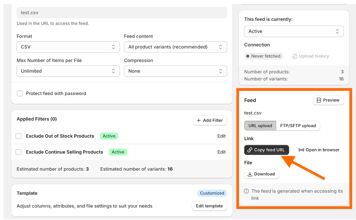 Click Copy feed URL