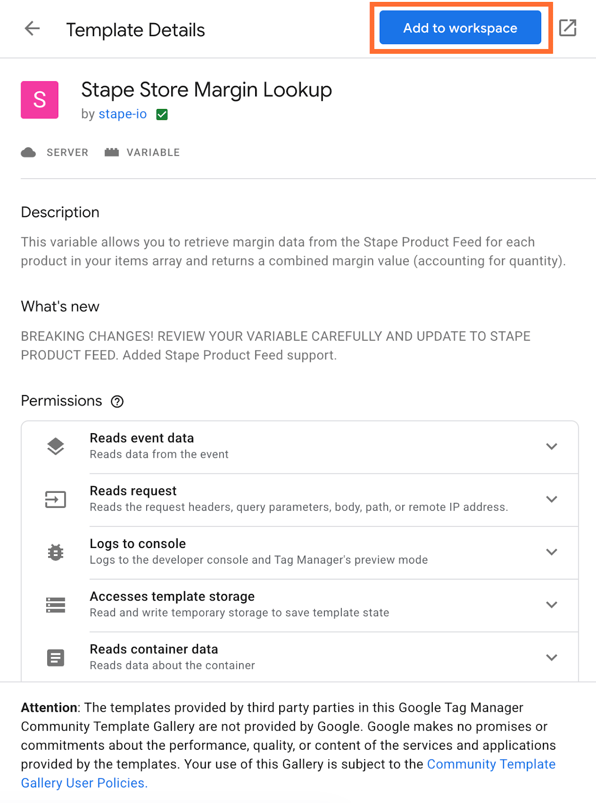 Search for Stape Store Margin Lookup, and add it to your workspace
