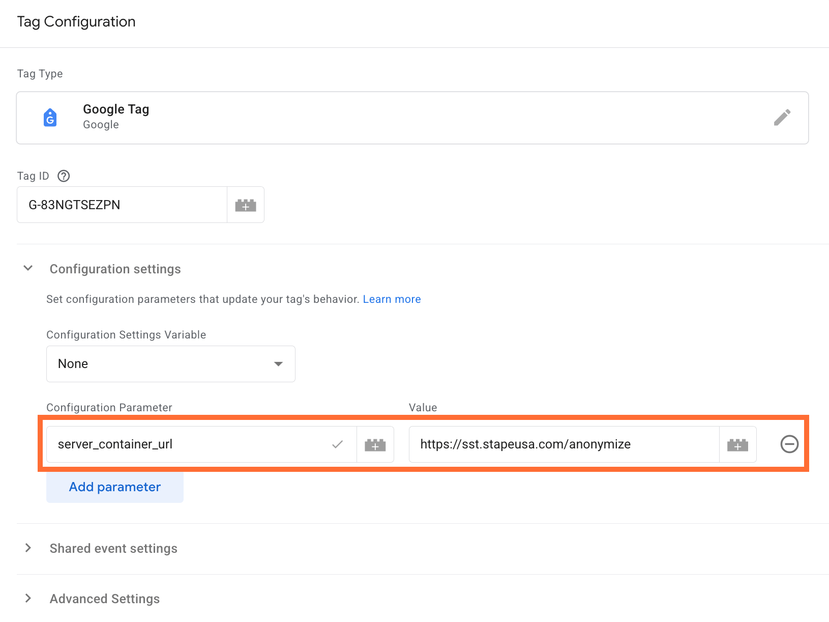 Paste the link as the Tagging Server URL in your web container’s Google tag