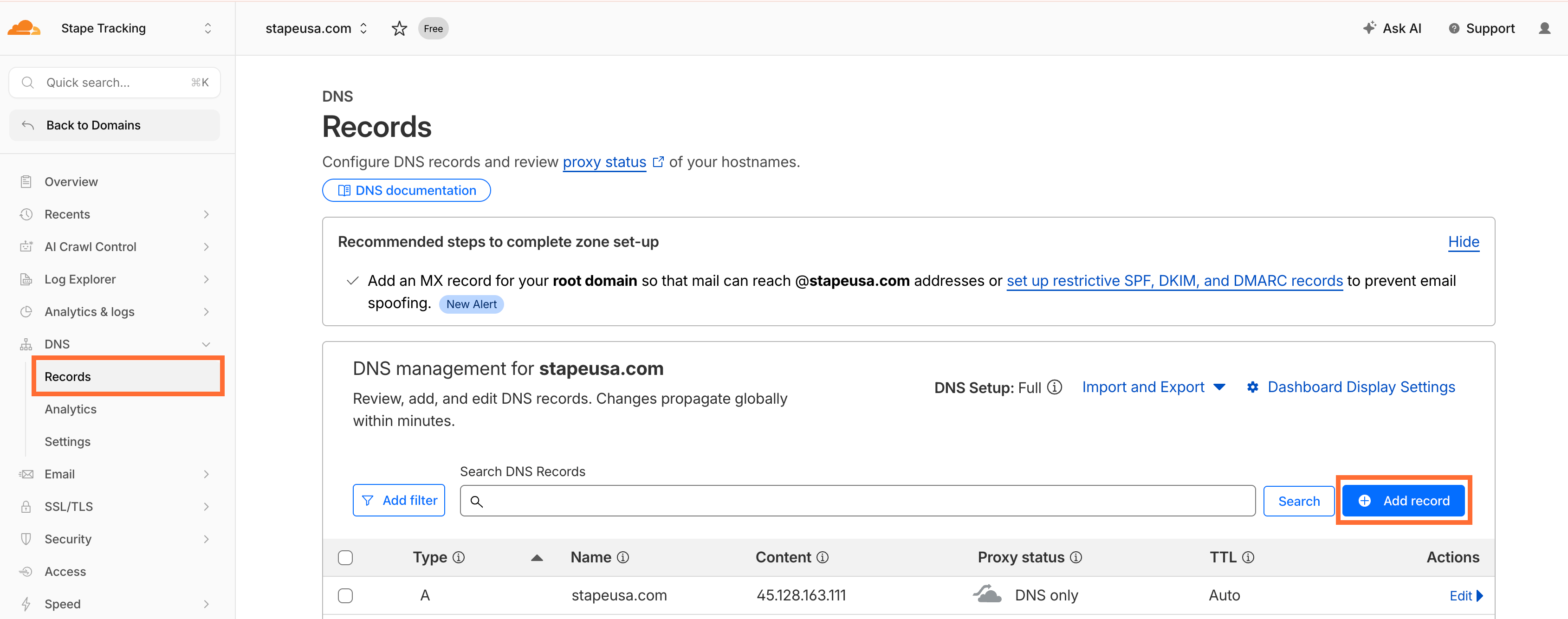 Cloudflare → Add record