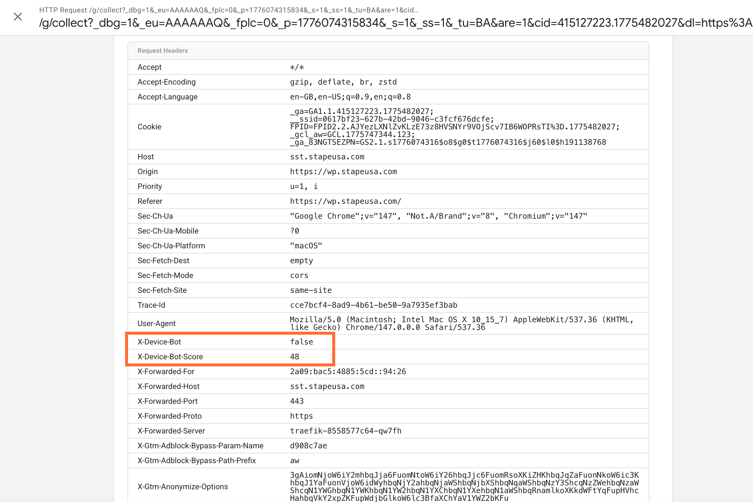 If X-Device-Bot headers are present in the Request Headers section, the power-up is working correctly.