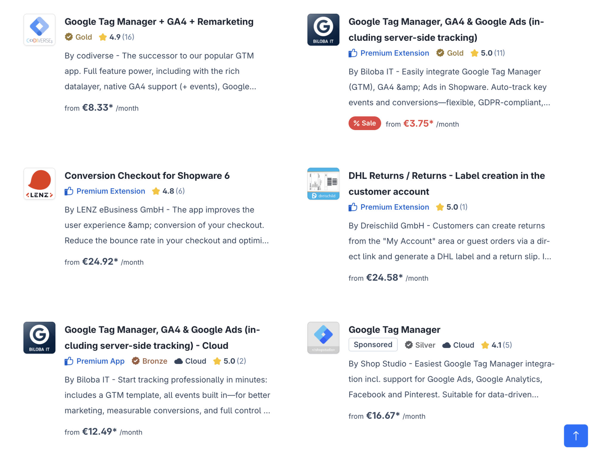 Free GTM extensions in the Shopware store