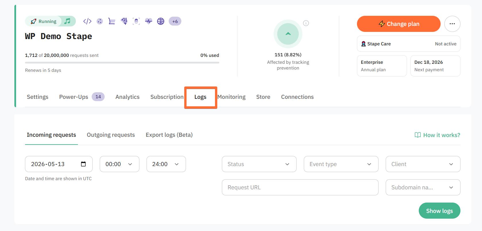 Logs feature in admin