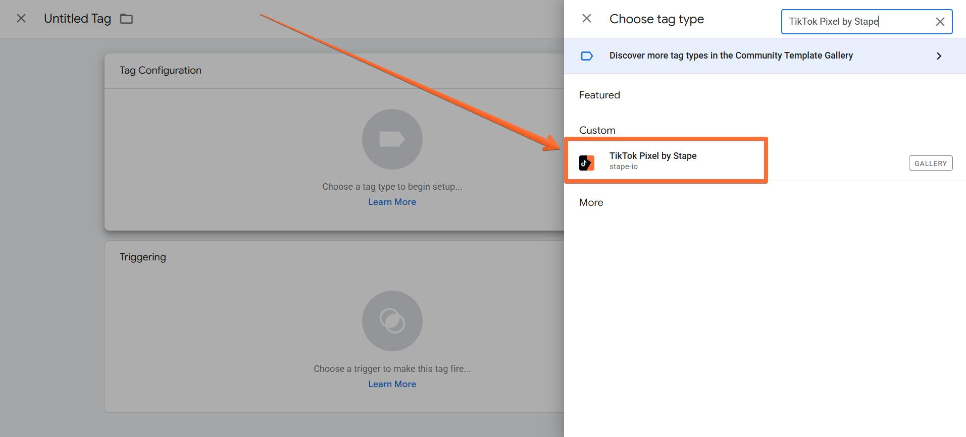 Select TikTok Pixel by Stape in Tag Configuration