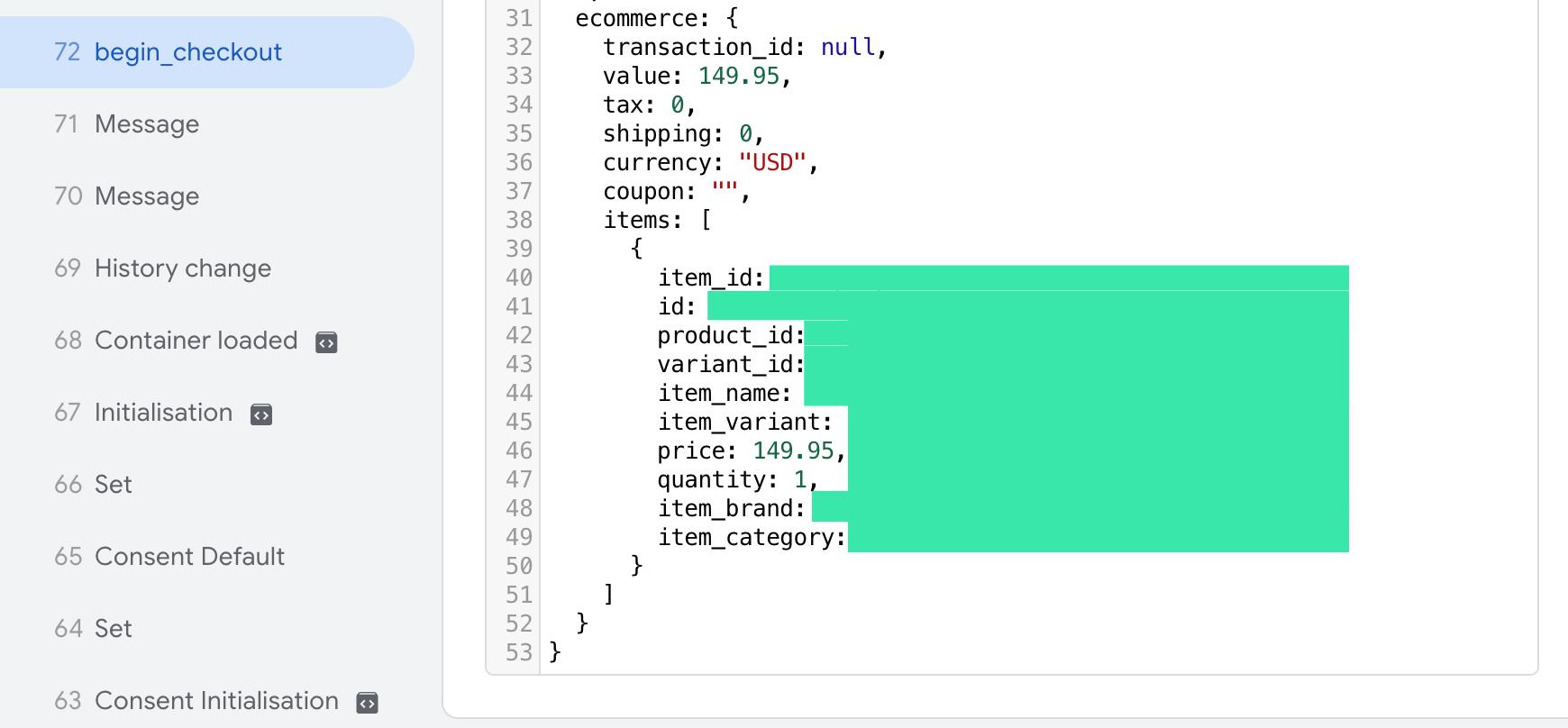 Web GTM preview mode showing begin_checkout event dataLayer coming through in Shopify checkout.