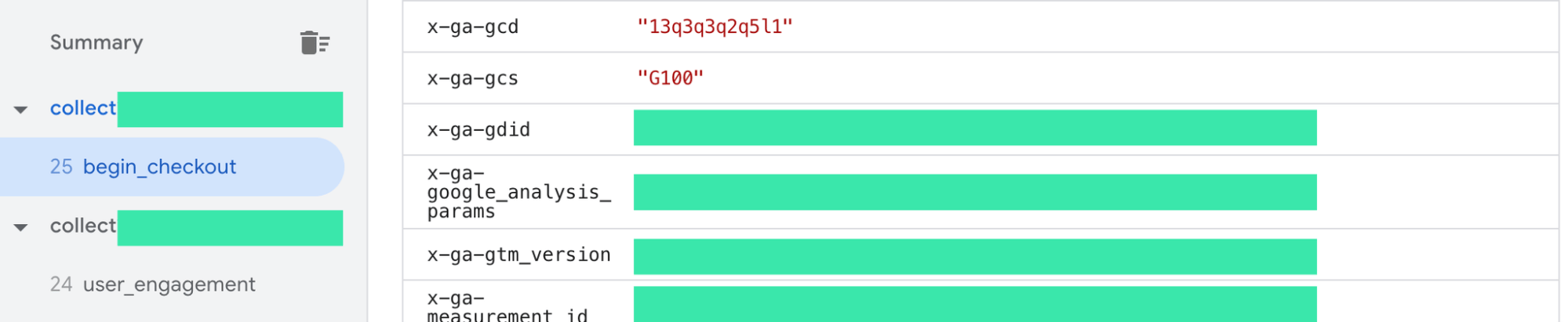 Server GTM preview mode showing consent parameter stuck at denied (G100) for begin_checkout event.
