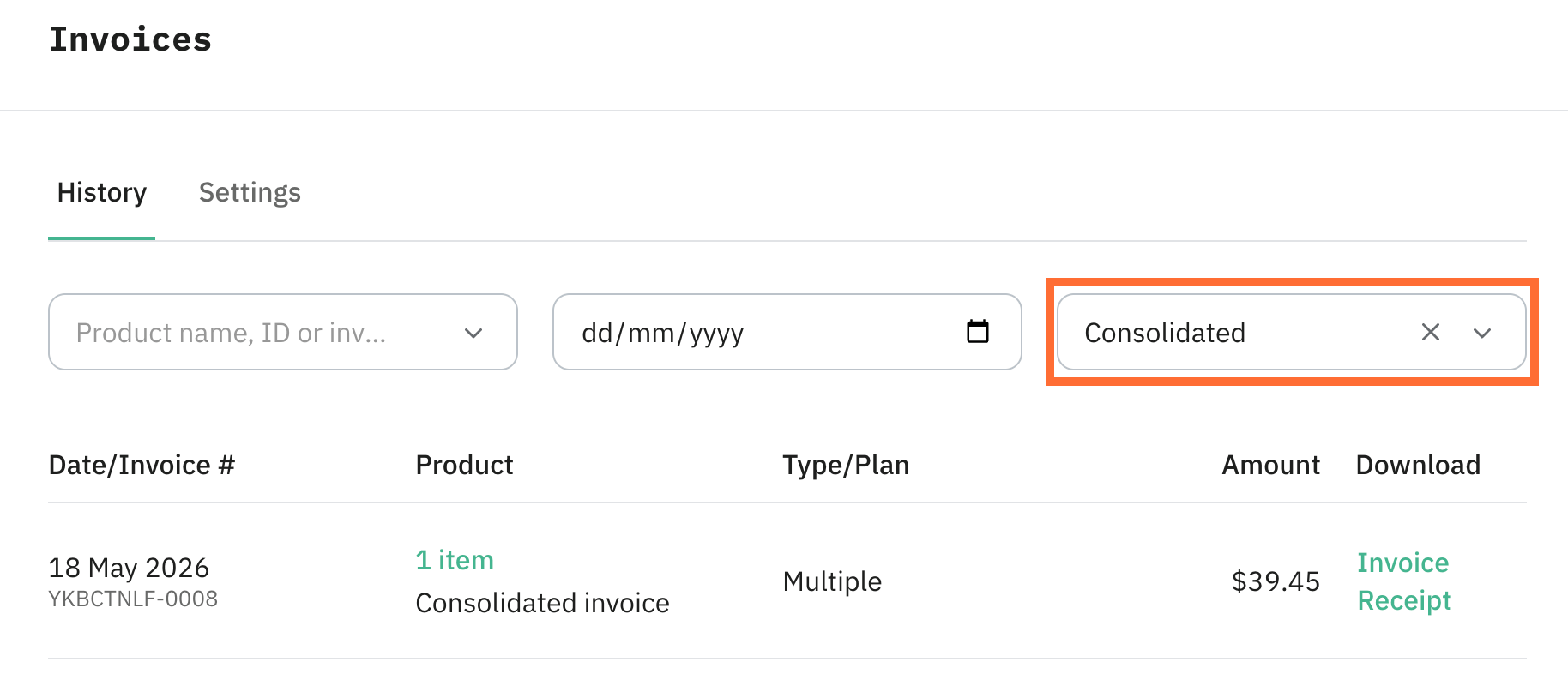 Consolidated invoices show up in the Invoices section, you need to select the Consolidated invoice type.