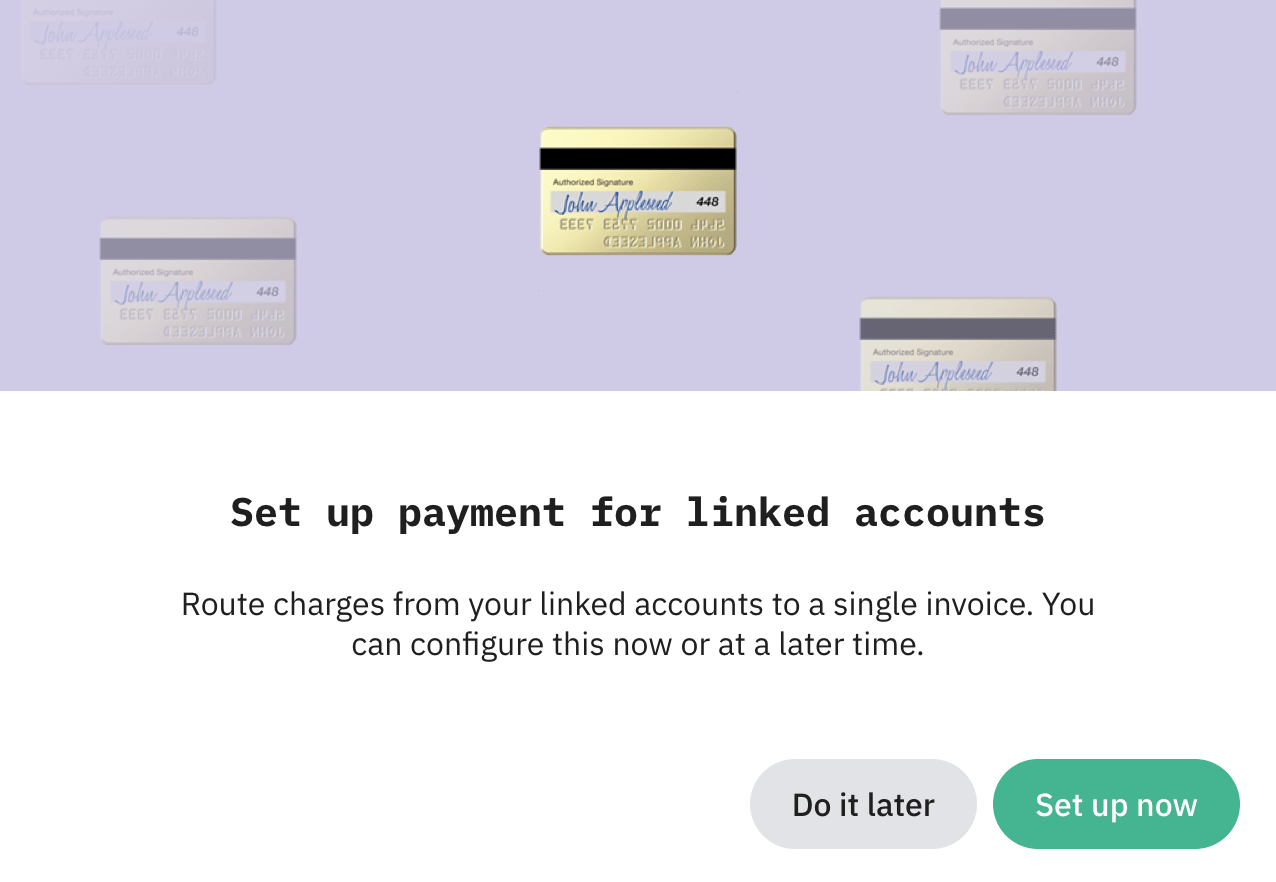 Once a billing method is saved, Stape prompts you to set up consolidated invoicing.