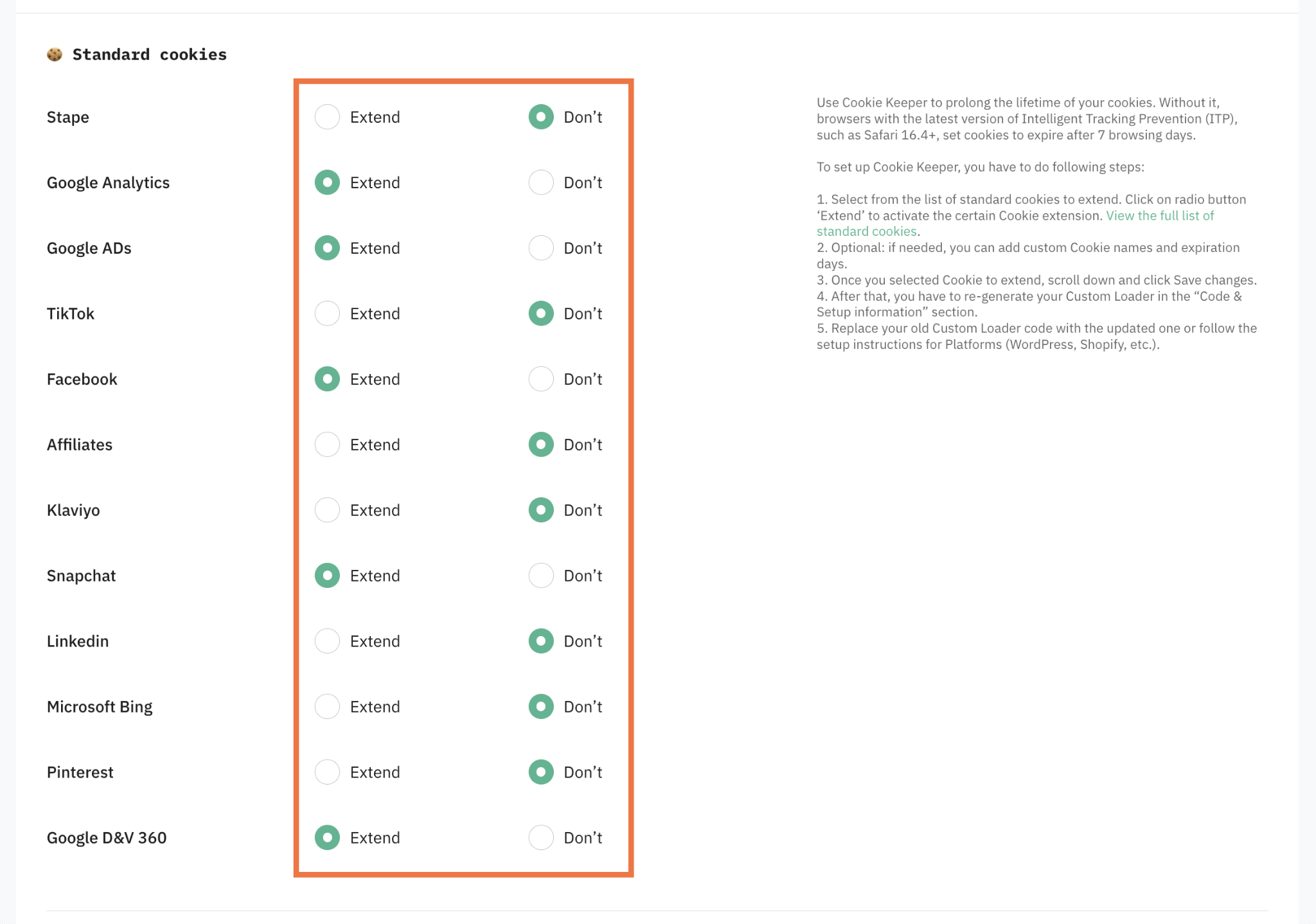 Sélection de l'extension de cookie