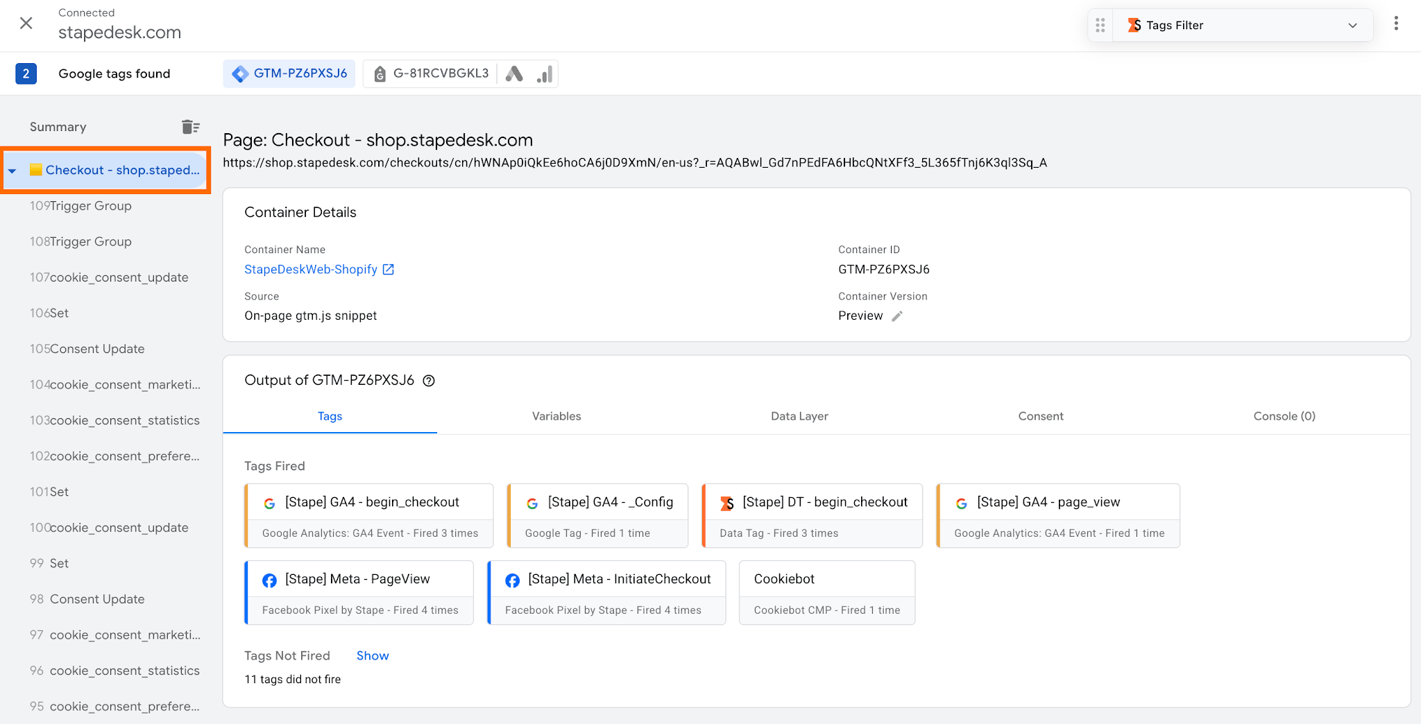 Événements de la page de paiement en mode Aperçu de GTM Web