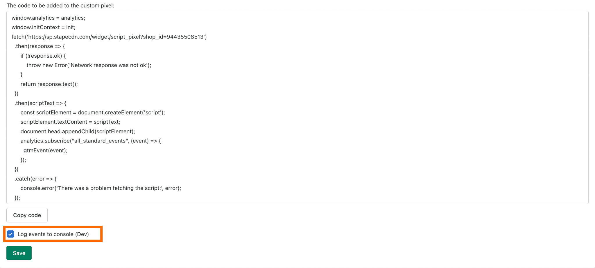 Case à cocher « Log events to console (Dev) »