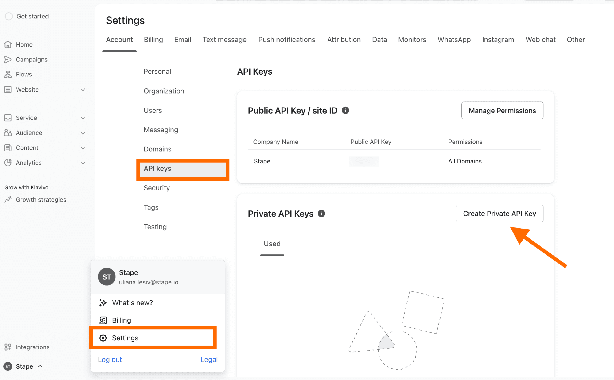 Create Klaviyo Private Key