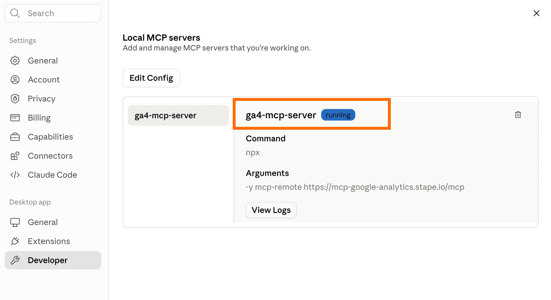 GA4 MCP server running status