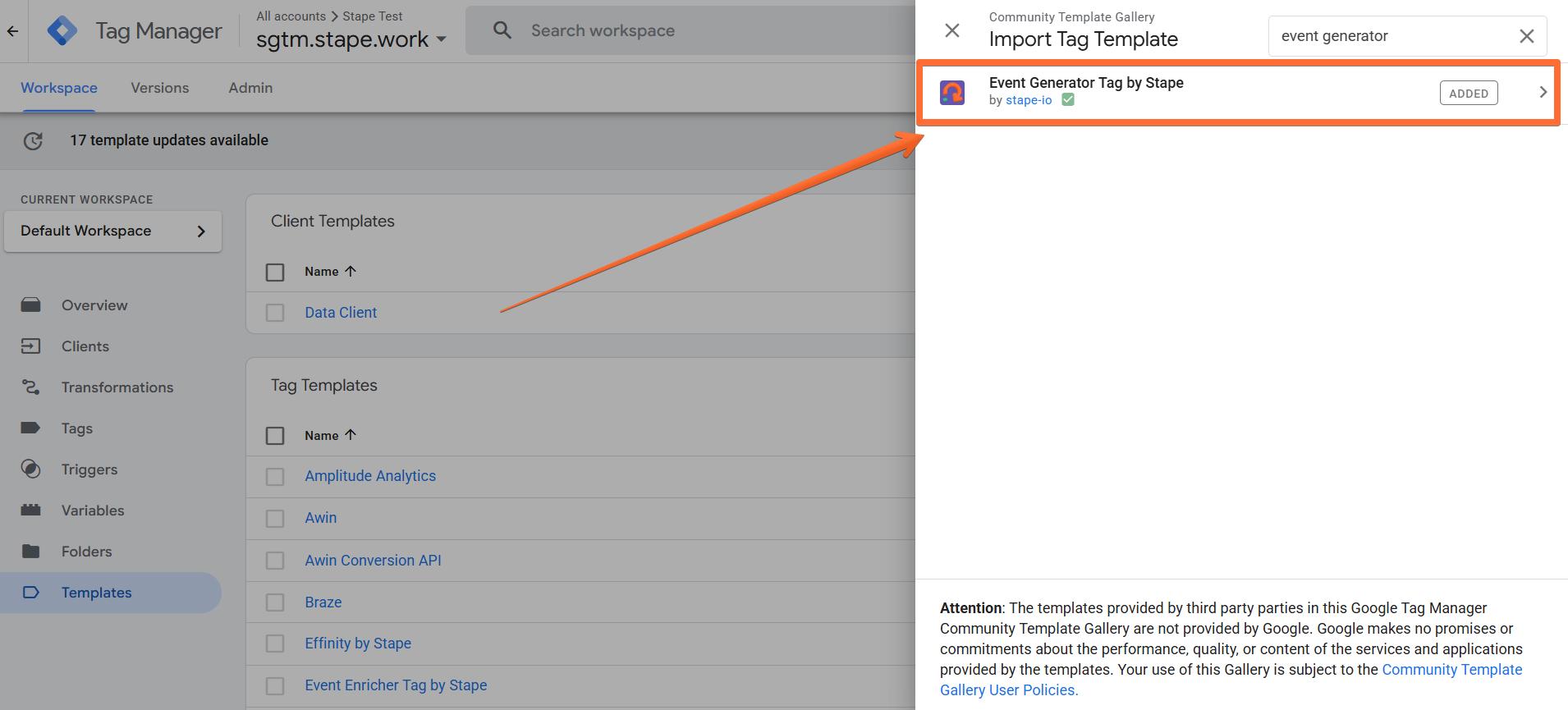 Search for Event Generator Tag by Stape
