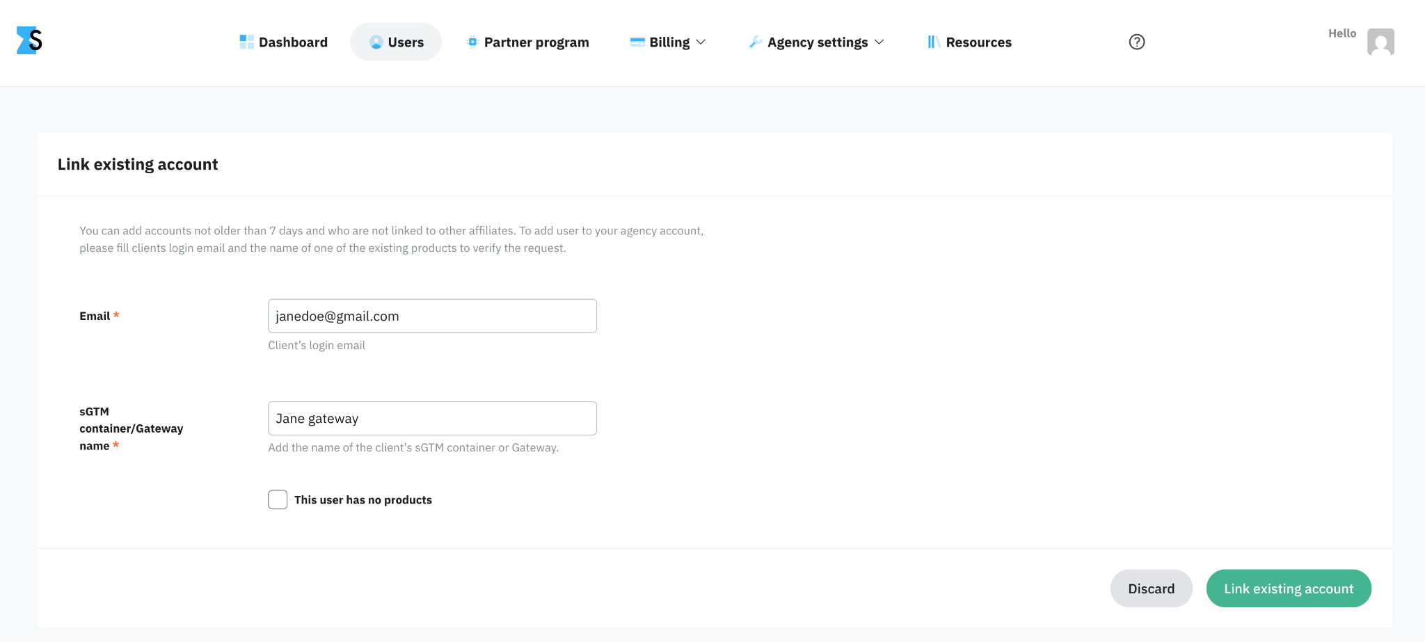 Existing account linking page