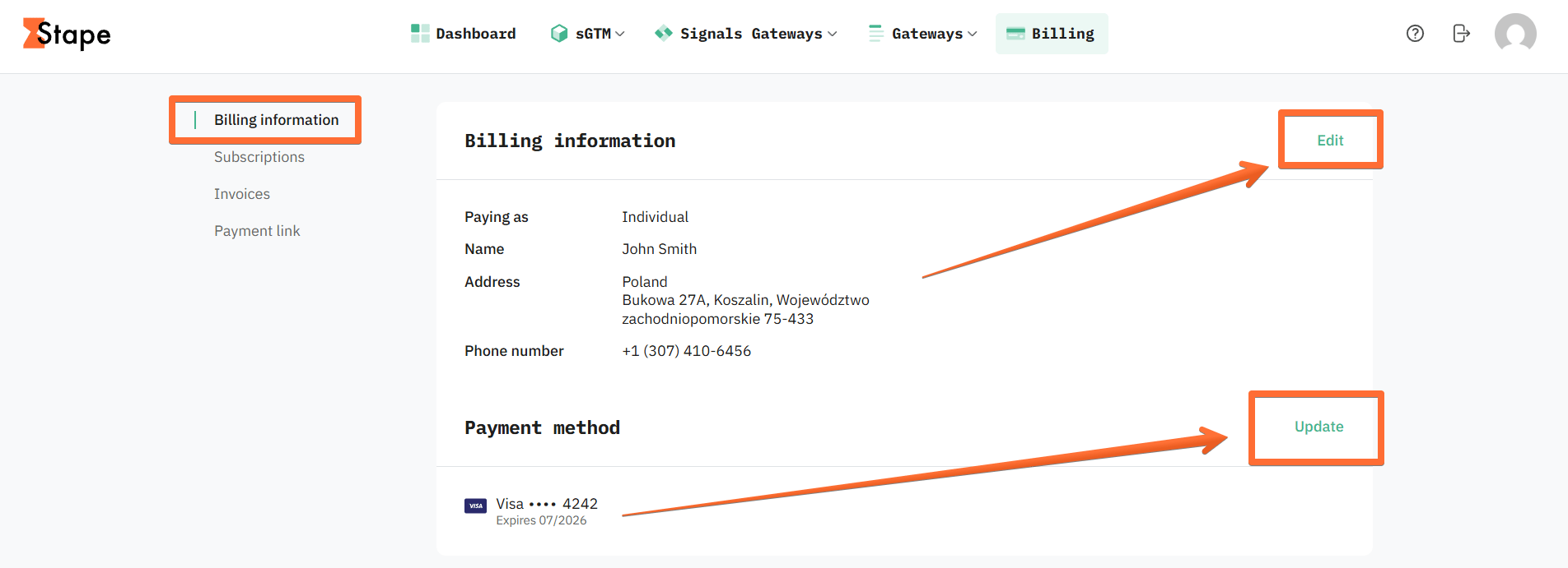 Billing information menu