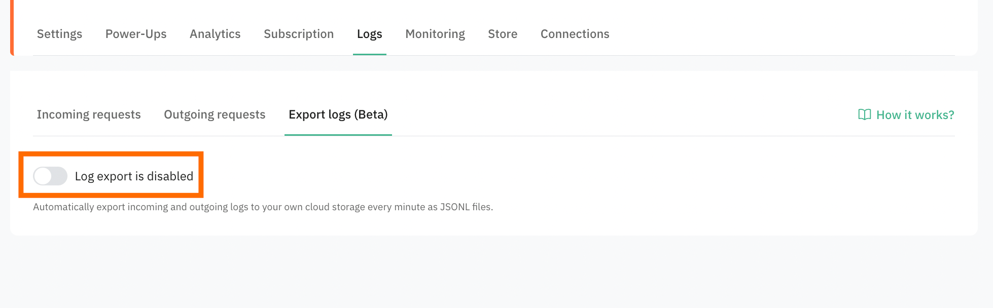 Open your Stape container → navigate to Logs → Export logs tab → enable Log export.