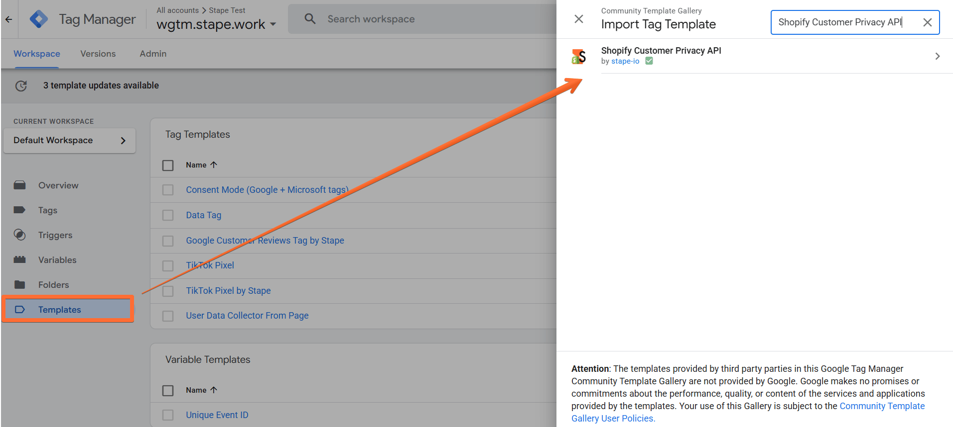 Add the Shopify Customer Privacy API tag template