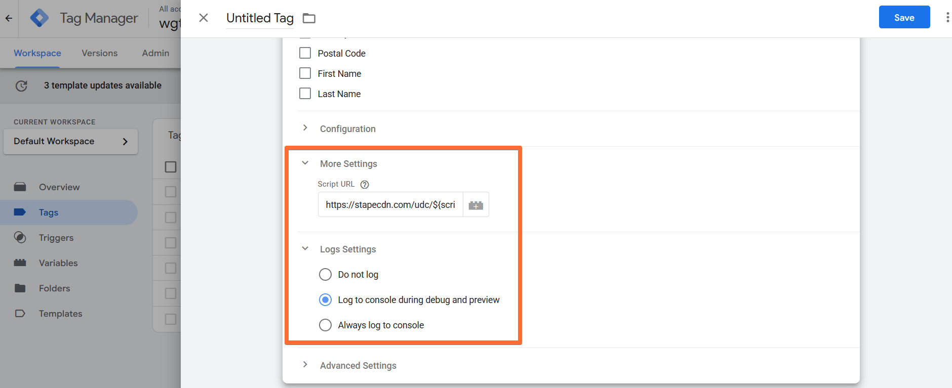 More Settings and Logs Settings