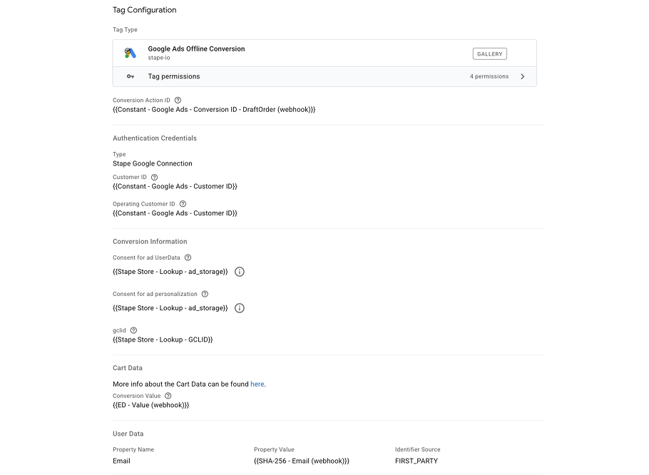 The Google Ads offline conversions tag, using the looked-up GCLID and the real order value.