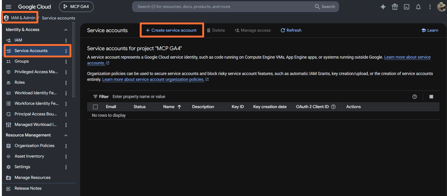 Create service account