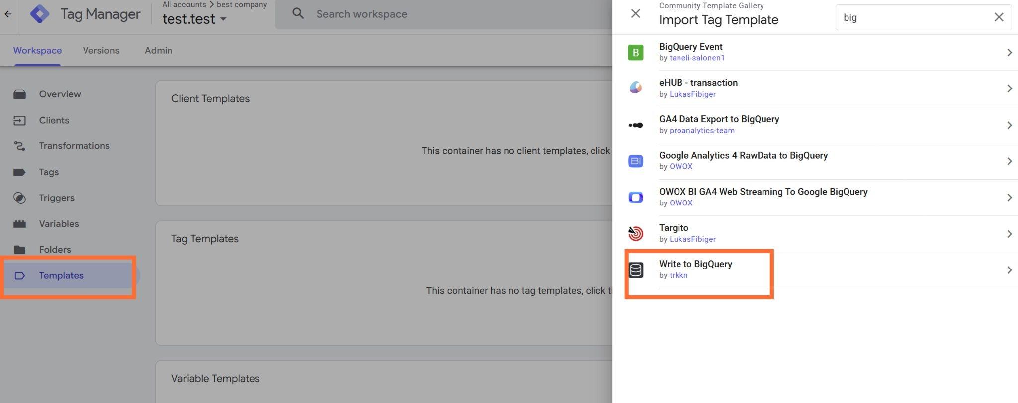 Write to BigQuery tag