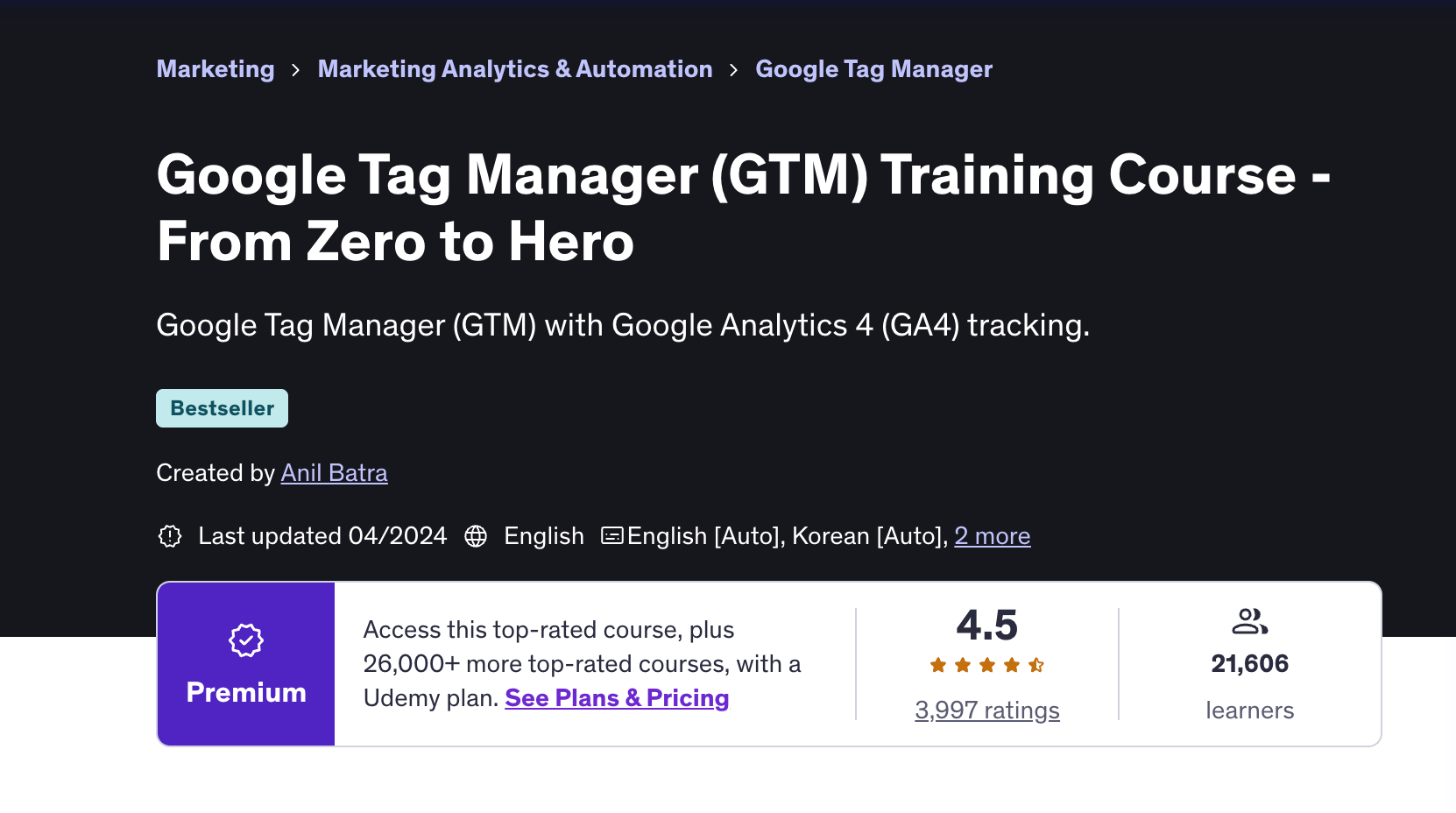 Cours sur GTM sur Udemy