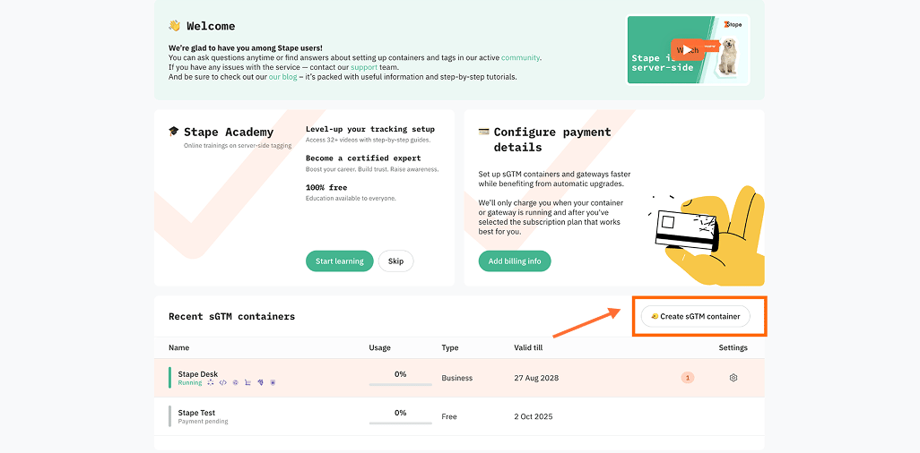 Cliquez sur Créer un conteneur sGTM sur la page d'accueil.