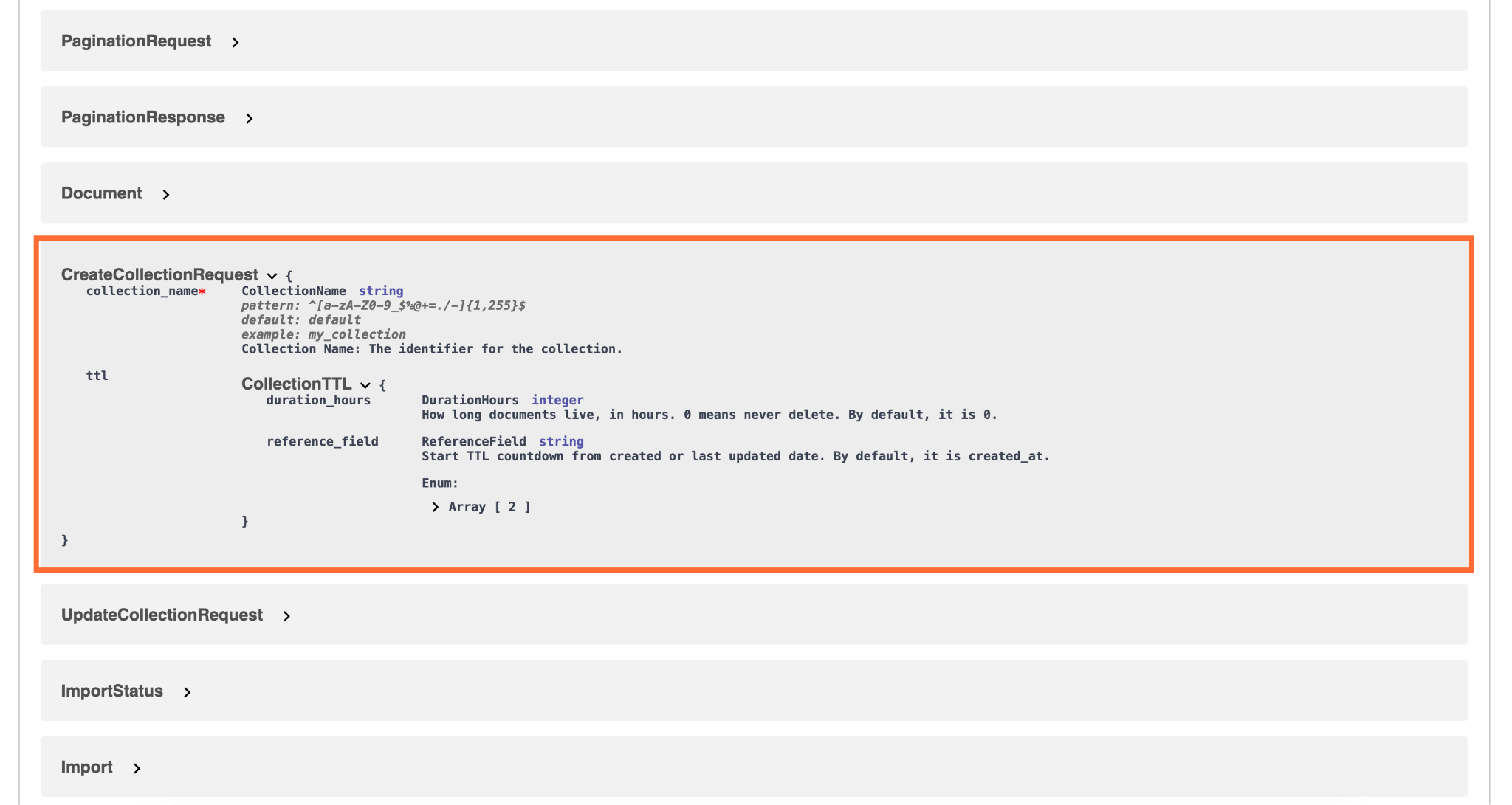 Additional information in CreateCollectionRequest schema