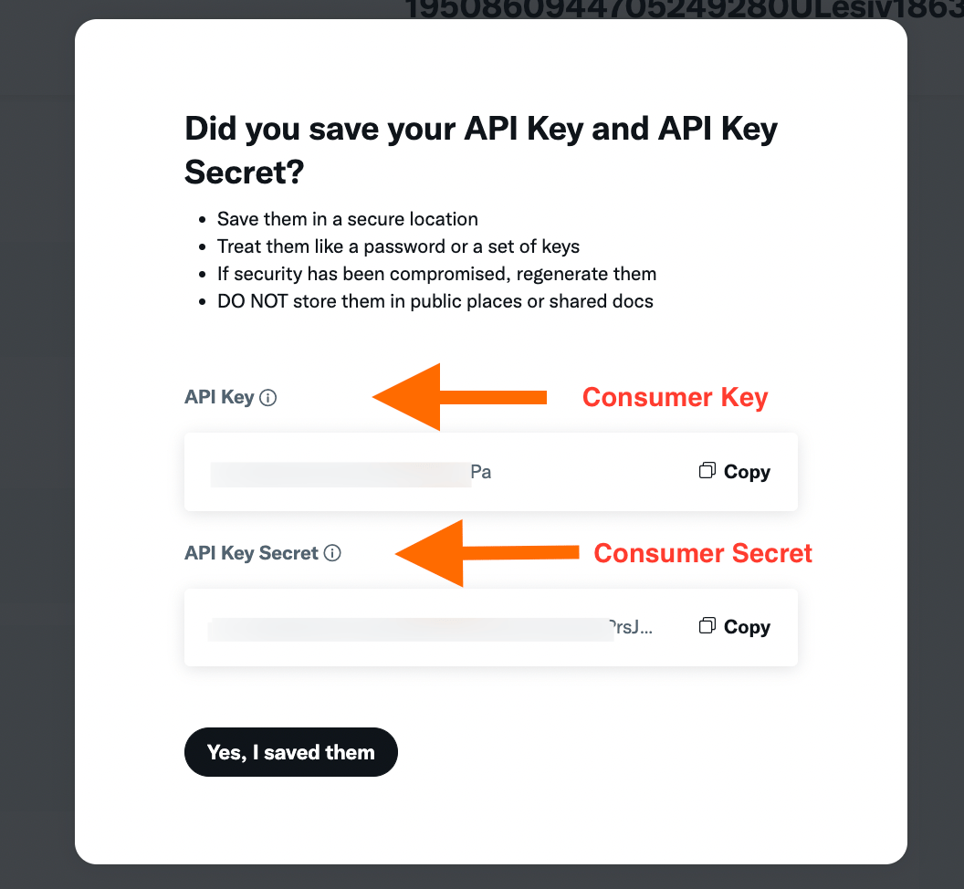Copy the generated keys and paste them into the tag configuration. The first value stands for “Consumer Key” and the second for “Consumer Secret”.